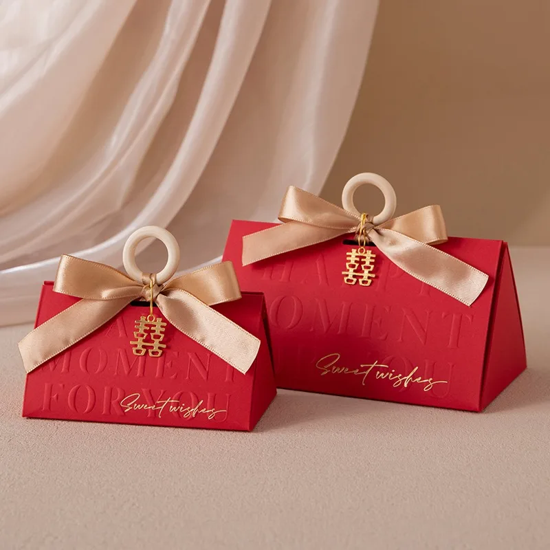 Triangular Champagne Wedding Gift Boxes – Candy Packaging Favor Boxes with Ribbon for Baby Shower, Engagement, Birthday, Party Decoration, Wooden Ring Box Style Design - 图片 4