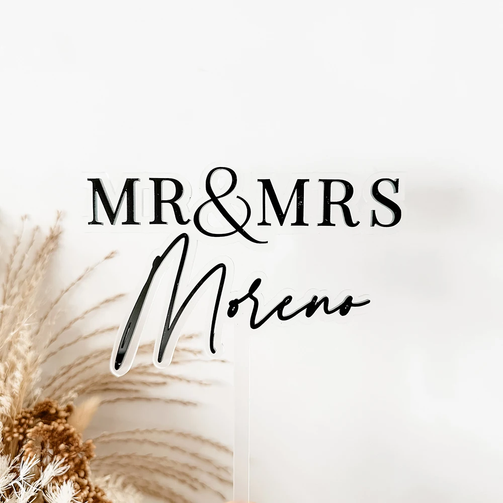 Personalized Mr & Mrs Cake Topper – Custom Name Double Layer Acrylic Sign for Wedding, Anniversary, Engagement, Birthday – Gold, Glitter, Custom Colors Available, Elegant Decoration