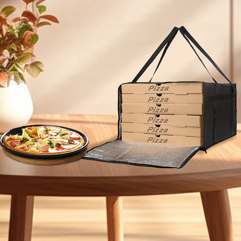 Waterproof reusable insulated pizza delivery bag keeps food hot or cold. Portable and durable, perfect for pizza delivery, grocery shopping, picnics, and food storage on the go. 1