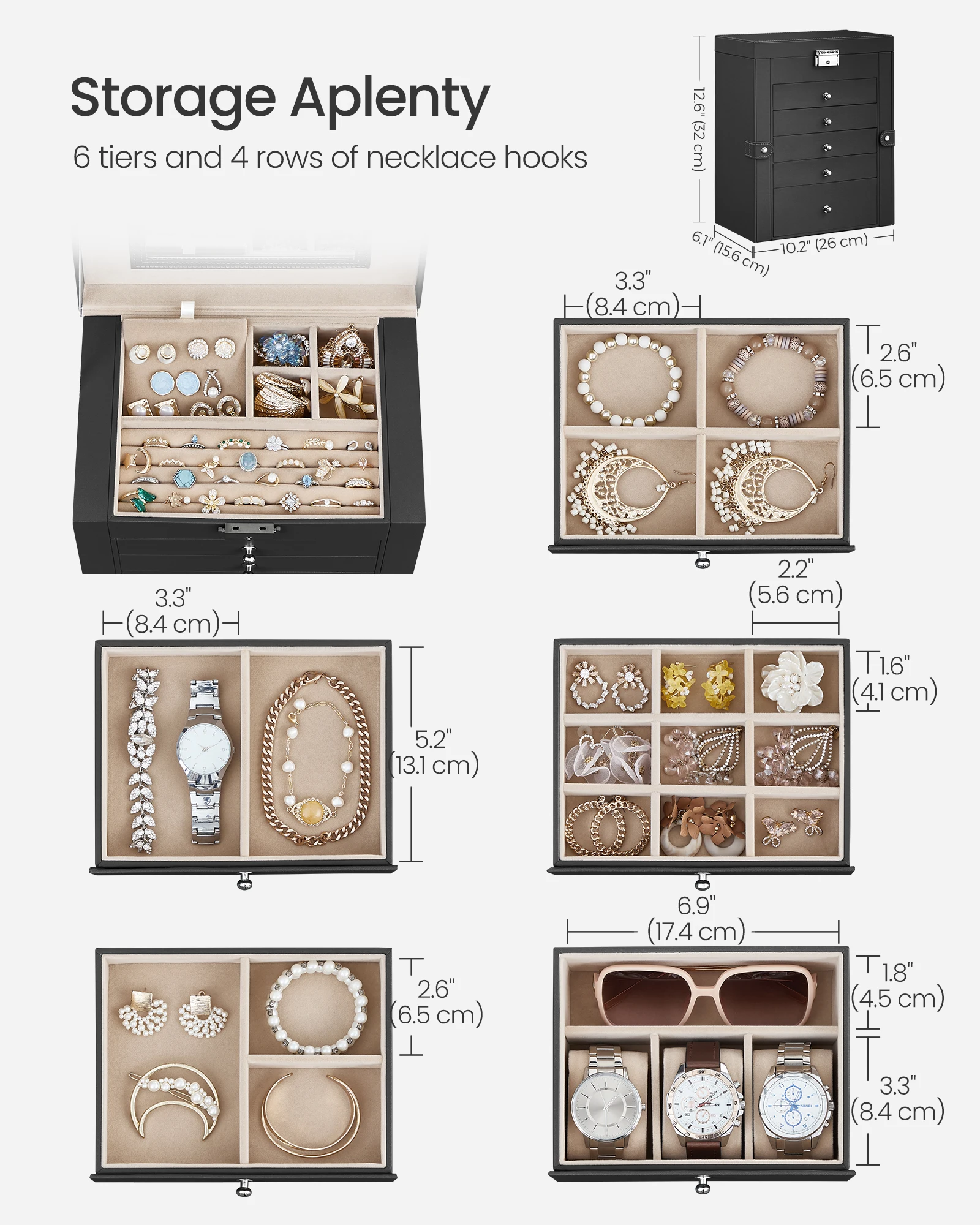 6-Tier Lockable Jewelry Box – Large Capacity Organizer with 5 Drawers, Built-In Mirror, Ideal for Storing Rings, Earrings, Necklaces, Bracelets & More. Elegant Design for Home or Gift Use. 2