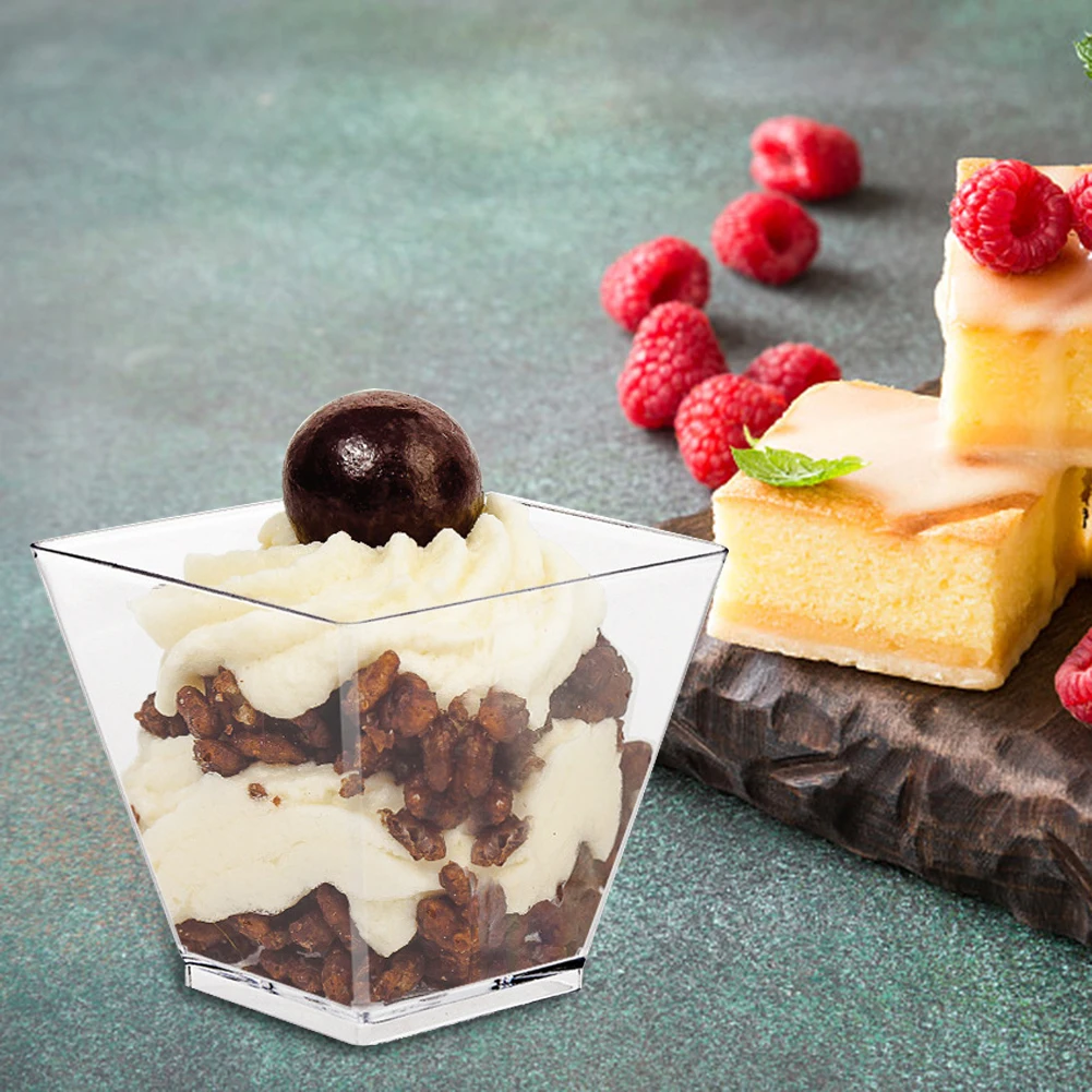 50 Pack 2oz Mini Square Dessert Cups with Spoons – Clear Disposable Plastic Parfait Appetizer Cups for Mousse, Jelly, Ice Cream, Pudding, Tasting Party Supplies 3