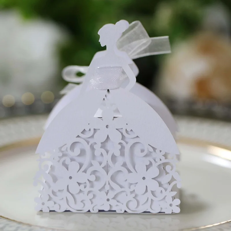 Laser Cut Pearl Paper Gift Boxes with Ribbon – Elegant Candy Chocolate Packaging for Wedding Favors, Engagements, Baby Showers, Birthday Parties, Bridal Showers, and Holiday Celebrations