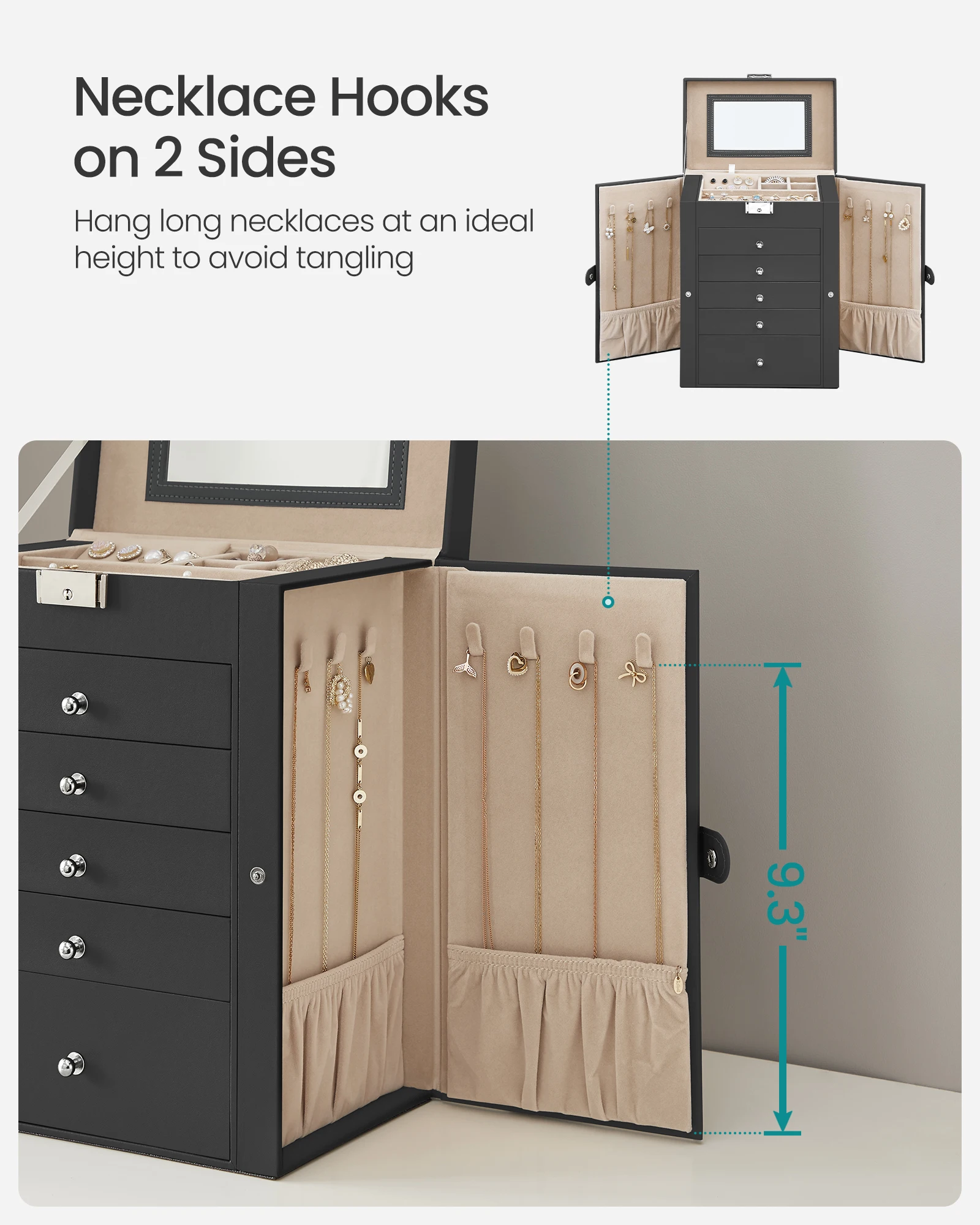 6-Tier Lockable Jewelry Box – Large Capacity Organizer with 5 Drawers, Built-In Mirror, Ideal for Storing Rings, Earrings, Necklaces, Bracelets & More. Elegant Design for Home or Gift Use. 4