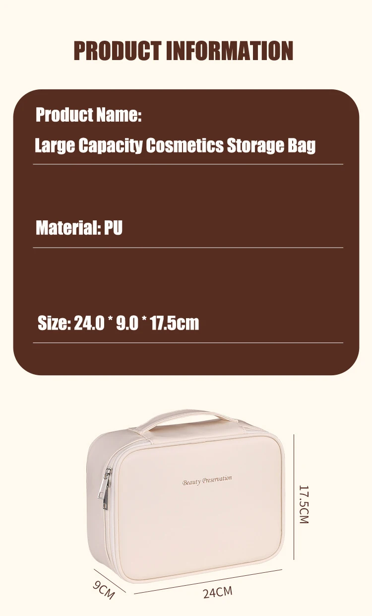 PU Leather Waterproof Cosmetic Bag with Compartments – Large Capacity Makeup Organizer for Travel, Toiletries, Brushes & Skincare – Portable Multifunctional Wash Pouch 15