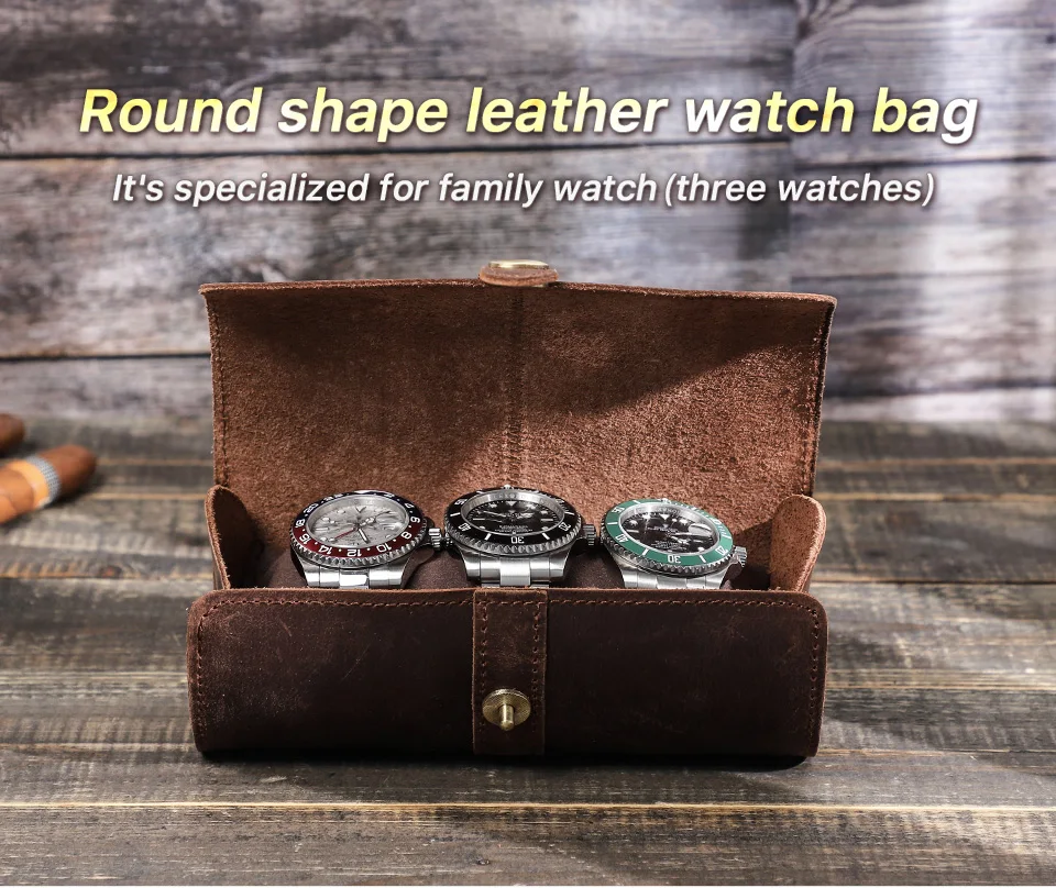Crazy Horse Leather Watch Roll Case – Travel Watch Organizer for 2/3/4 Slots, Hand-Stitched Genuine Leather Storage for Men’s Watches – Portable Vintage Style Watch Holder Gift Box
