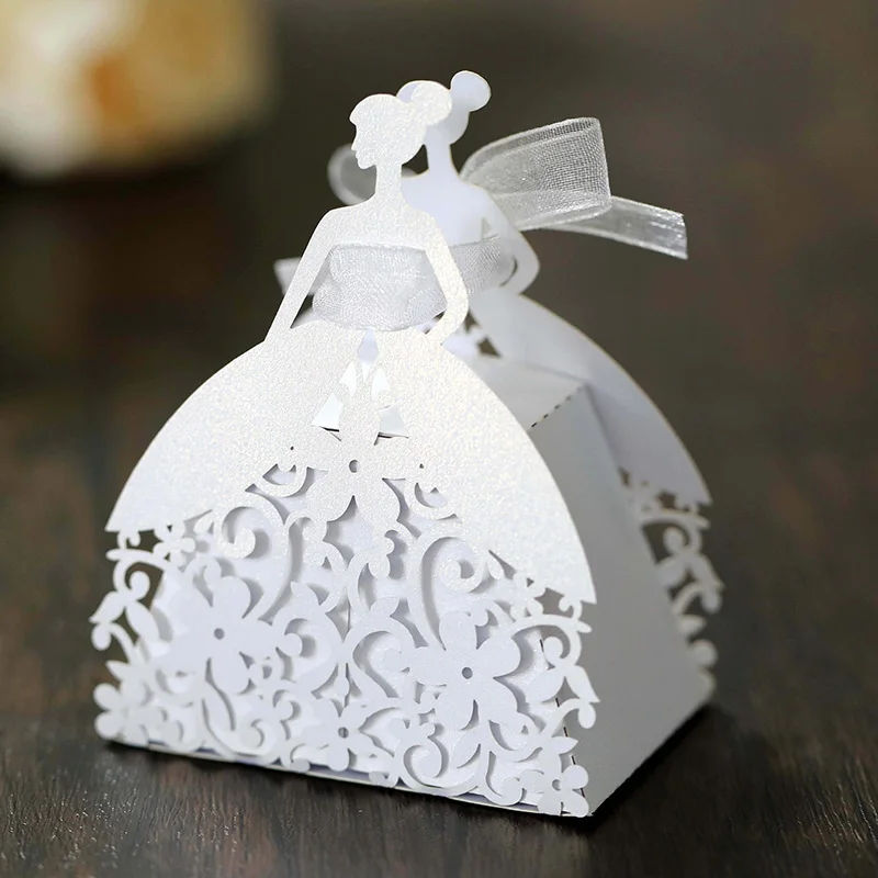 Laser Cut Pearl Paper Gift Boxes with Ribbon – Elegant Candy Chocolate Packaging for Wedding Favors, Engagements, Baby Showers, Birthday Parties, Bridal Showers, and Holiday Celebrations