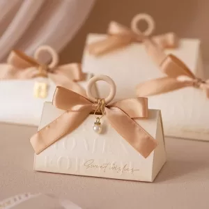 Triangular Champagne Wedding Gift Boxes – Candy Packaging Favor Boxes with Ribbon for Baby Shower, Engagement, Birthday, Party Decoration, Wooden Ring Box Style Design