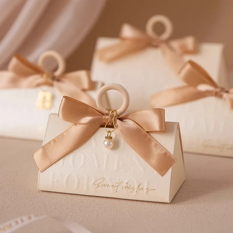 Triangular Champagne Wedding Gift Boxes – Candy Packaging Favor Boxes with Ribbon for Baby Shower, Engagement, Birthday, Party Decoration, Wooden Ring Box Style Design