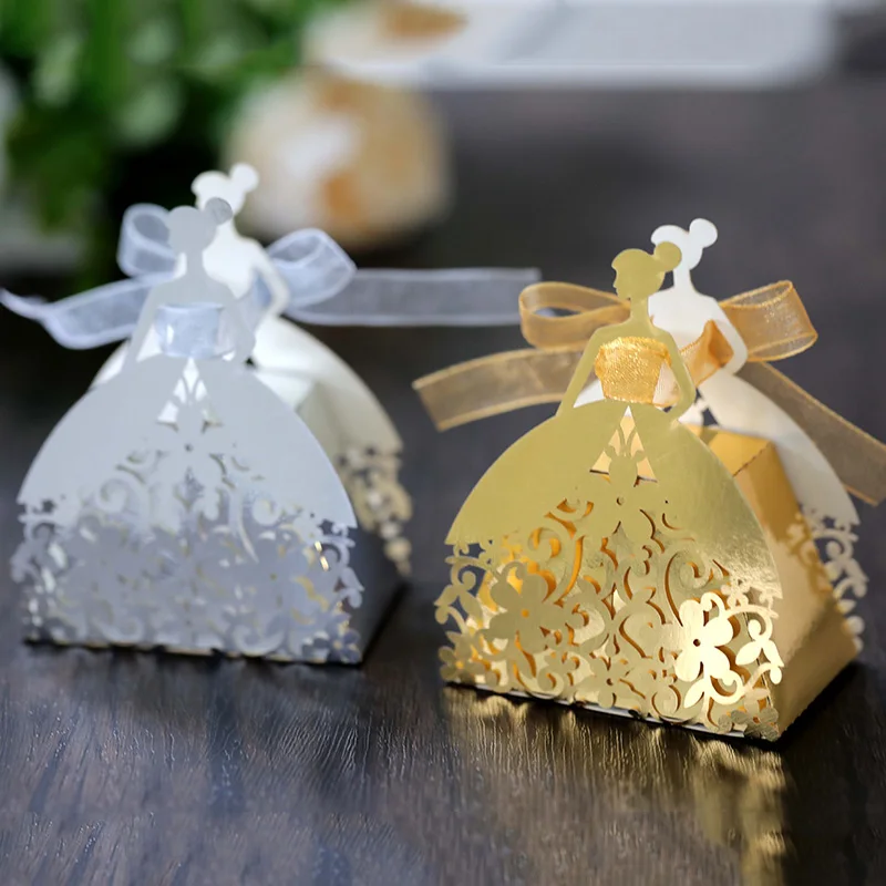 Laser Cut Pearl Paper Gift Boxes with Ribbon – Elegant Candy Chocolate Packaging for Wedding Favors, Engagements, Baby Showers, Birthday Parties, Bridal Showers, and Holiday Celebrations