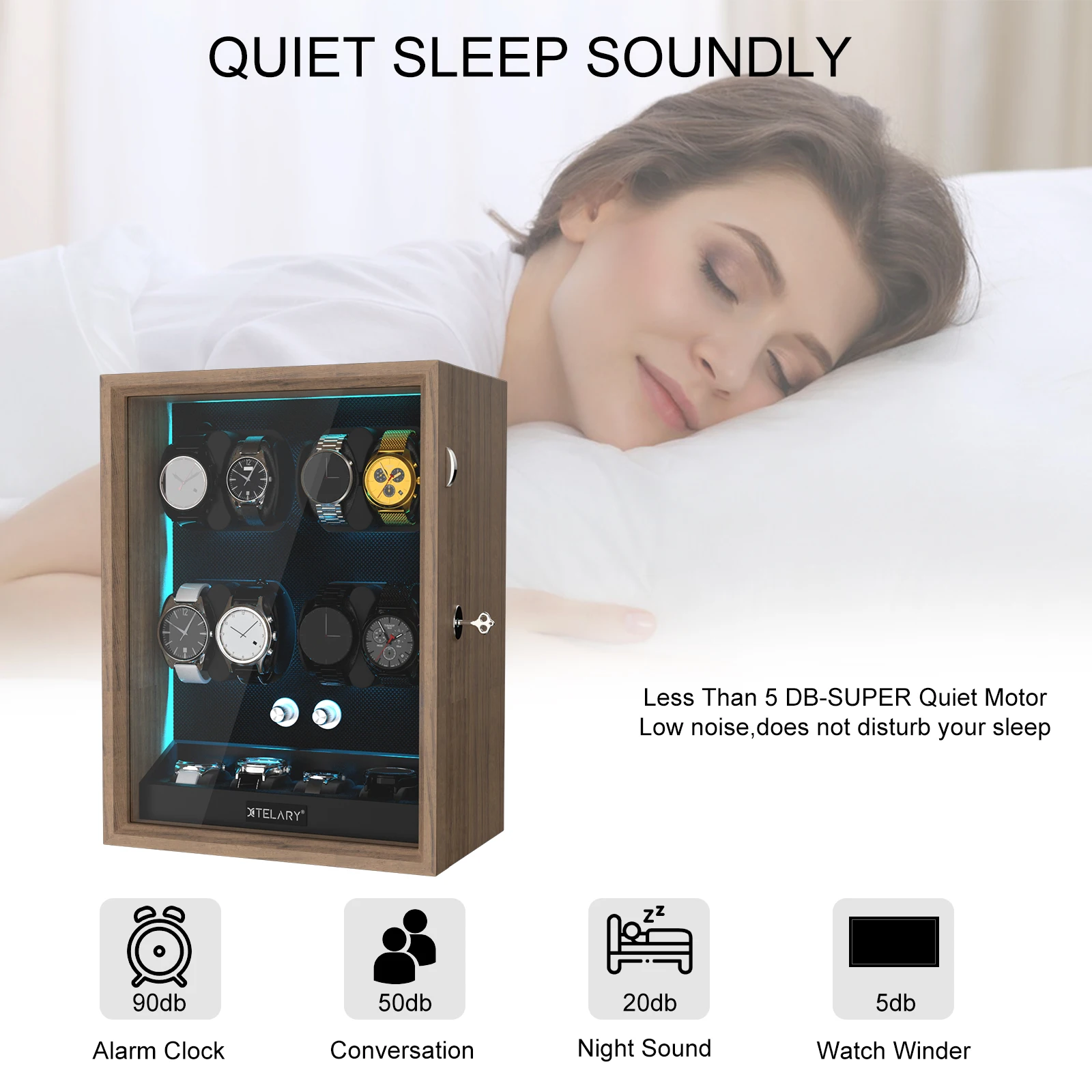 Luxury 8-Watch Automatic Winder with 4 Extra Storage, Aurora Blue LED, Quiet Japanese Motor, 4 Rotation Modes, Lockable Display Case, Flexible Pillows, Wood Grain Finish 8