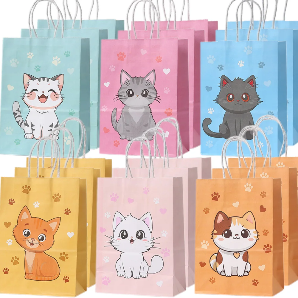 Cat Party Gift Bag – Cute Kitten Paper Bag with Handle for Kids Birthday, Baby Shower, Candy Packaging, Party Favors, Kitten Theme Decor, Custom Logo Printing Available