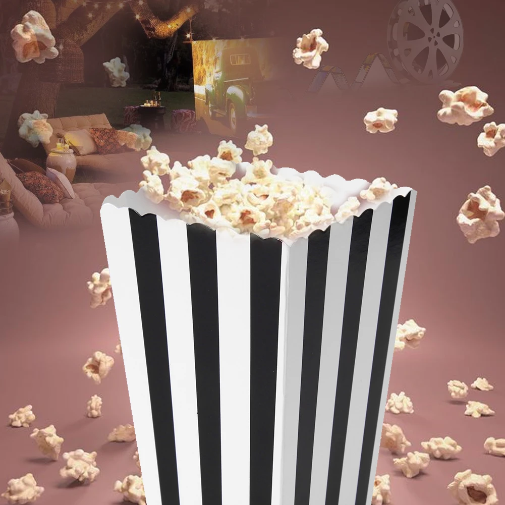 12-Pack Foldable Paper Popcorn Boxes – Colorful Treat Holders for Snacks, Candy, Chips – Party Favor Containers for Birthdays, Movie Nights, Baby Showers – Blue, Green, Pink Striped Design 3