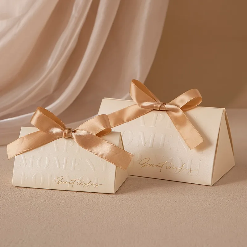 Triangular Champagne Wedding Gift Boxes – Candy Packaging Favor Boxes with Ribbon for Baby Shower, Engagement, Birthday, Party Decoration, Wooden Ring Box Style Design - 图片 19