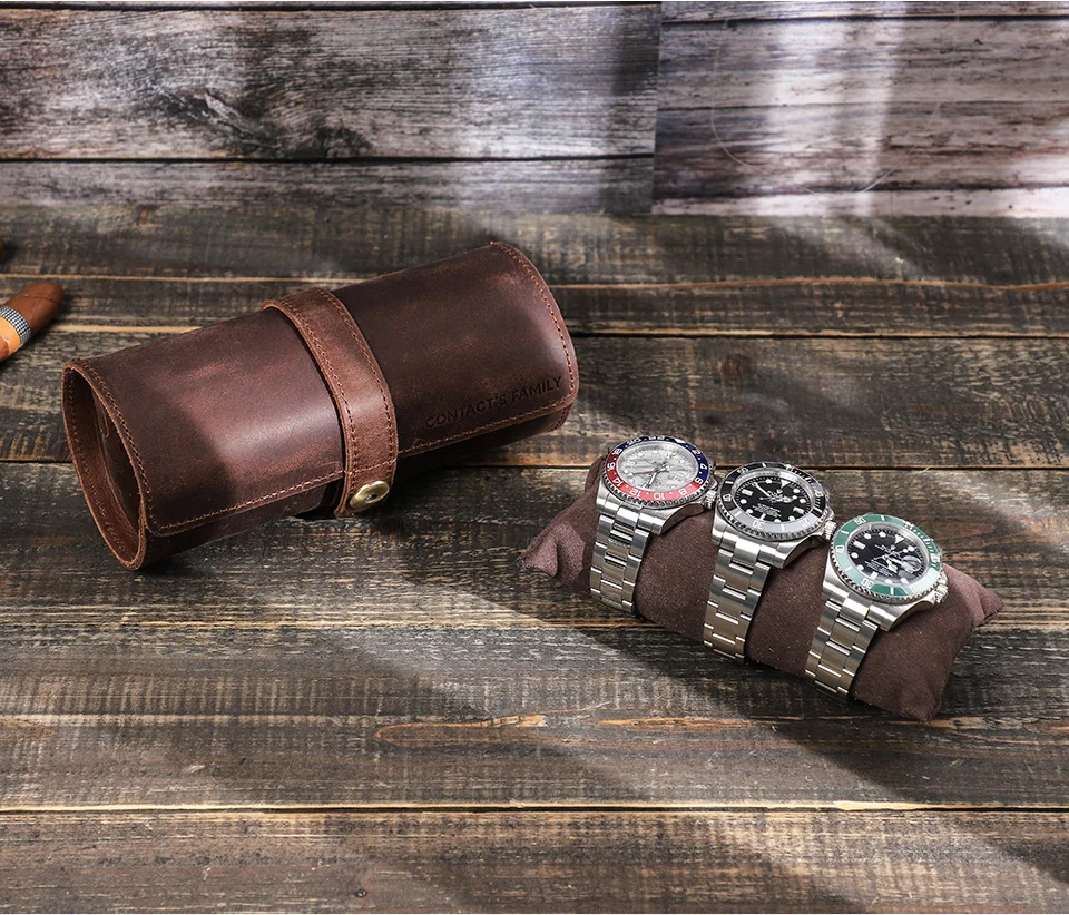 Crazy Horse Leather Watch Roll Case – Travel Watch Organizer for 2/3/4 Slots, Hand-Stitched Genuine Leather Storage for Men’s Watches – Portable Vintage Style Watch Holder Gift Box 1