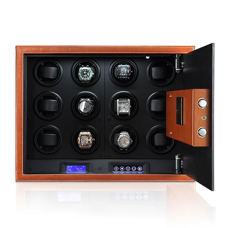 Luxury Automatic Watch Winder Safe Box – 12 Slot Brown Display Case with Quiet Motor, LED Touchscreen, Dual Lock Security, Rotation Settings for Mechanical Watches, Storage Organizer - 图片 9