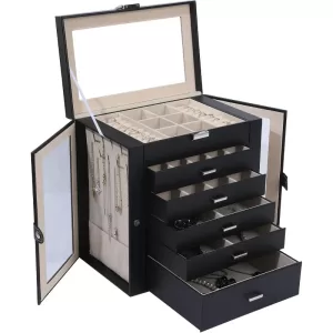 6-Layer Large Jewelry Box with Mirror – Multifunctional Jewelry Organizer with 5 Drawers and 2 Glass Side Doors, Spacious Storage for Necklaces, Rings, Earrings, Watches & More