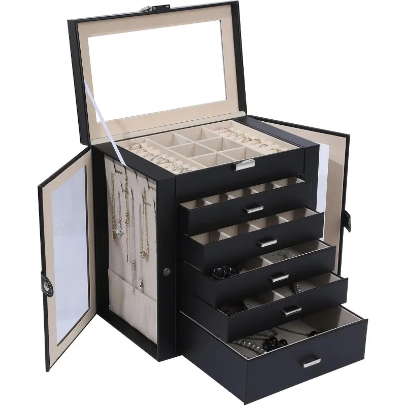 6-Layer Large Jewelry Box with Mirror – Multifunctional Jewelry Organizer with 5 Drawers and 2 Glass Side Doors, Spacious Storage for Necklaces, Rings, Earrings, Watches & More