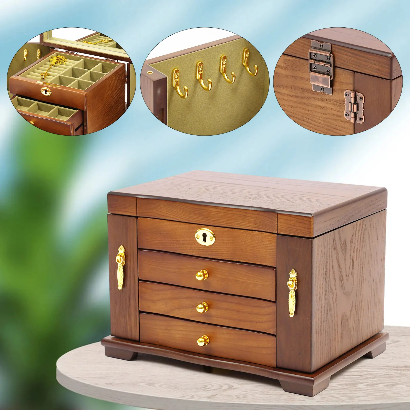 Retro Wooden Jewelry Box with 4 Tiers, Velvet Lining, Mirror, Magnetic Side Doors & Key Lock – Elegant Organizer for Rings, Necklaces, Earrings & More, Secure & Stylish Storage Solution
