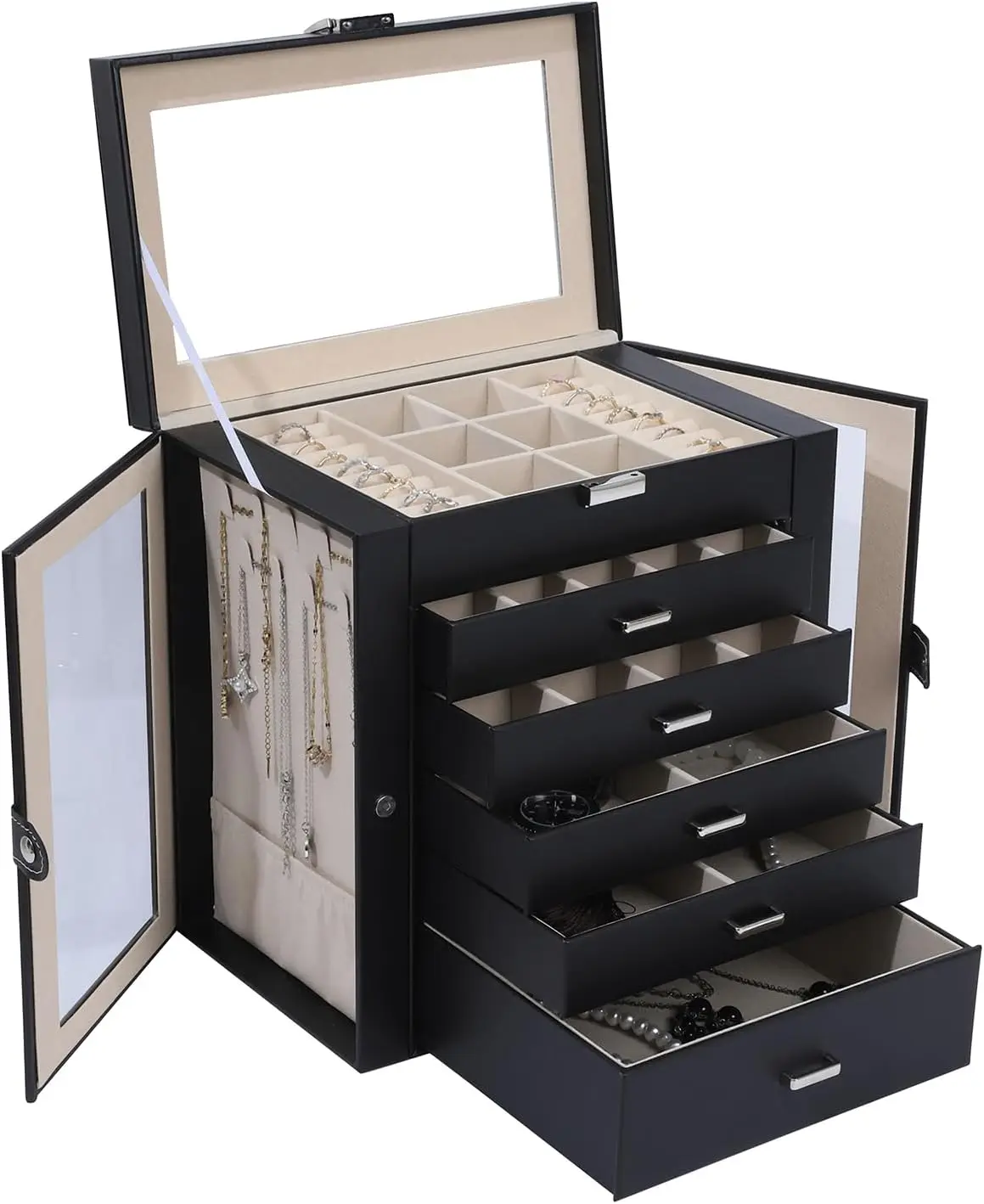 6-Layer Large Jewelry Box with Mirror – Multifunctional Jewelry Organizer with 5 Drawers and 2 Glass Side Doors, Spacious Storage for Necklaces, Rings, Earrings, Watches & More - 图片 7