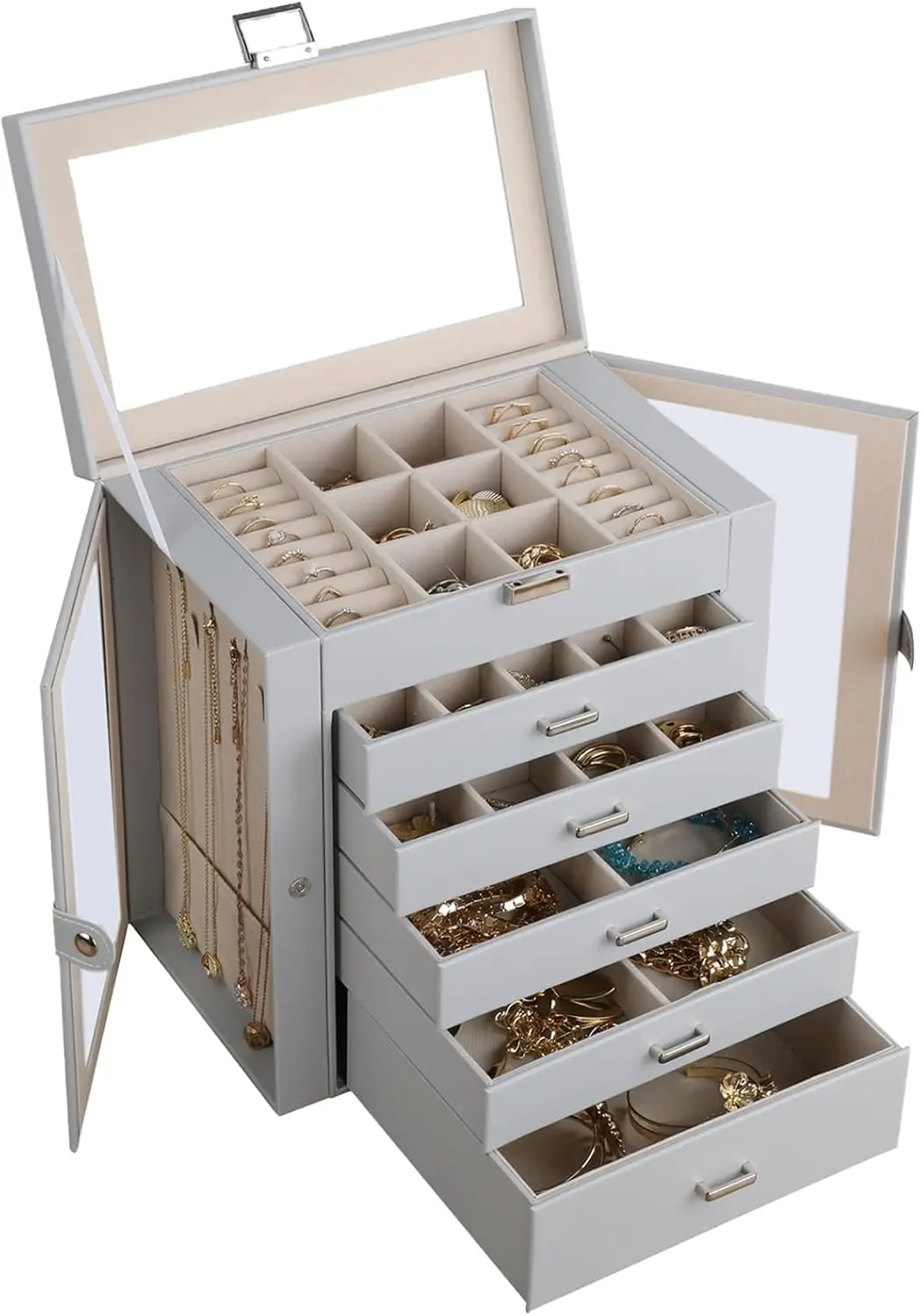 6-Layer Large Jewelry Box with Mirror – Multifunctional Jewelry Organizer with 5 Drawers and 2 Glass Side Doors, Spacious Storage for Necklaces, Rings, Earrings, Watches & More - 图片 13