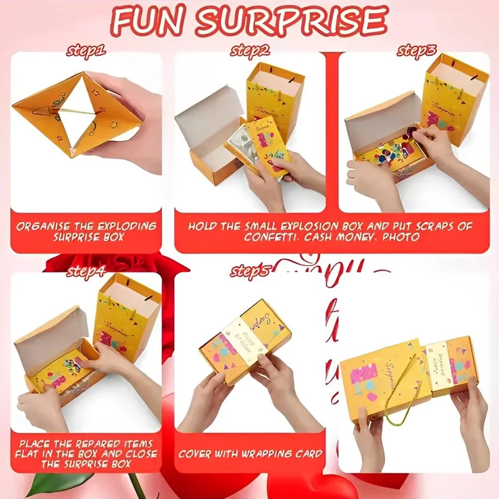 Corrugated Gift Box Set – Includes 6 folding jumping boxes, 1 outer gift box, and 1 gift bag. Perfect for birthdays, Valentine’s Day, and parties with fun, surprising gift presentation.