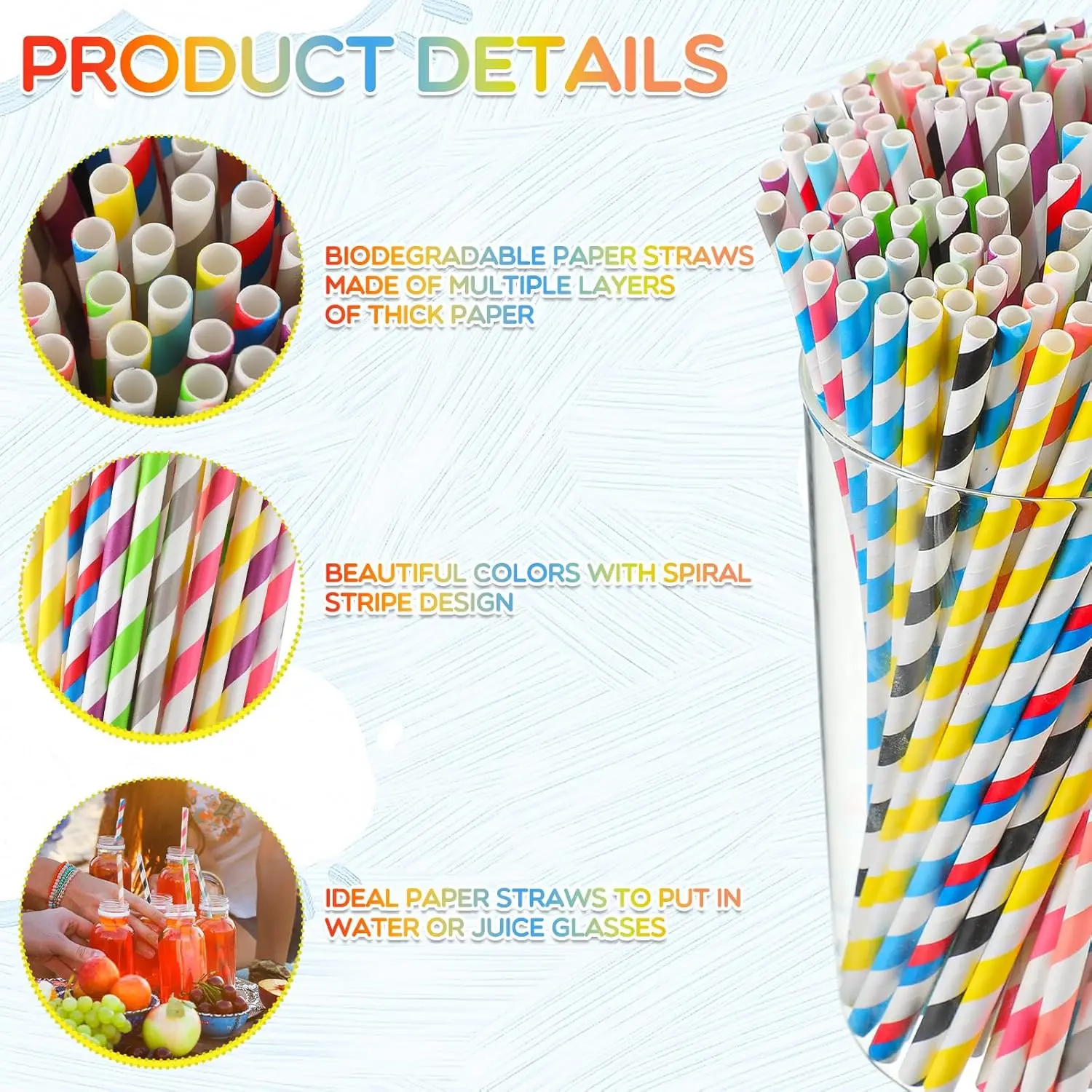 Bulk Colored Paper Straws – 7.87" disposable striped straws for juice, milkshakes, cocktails, and summer drinks. Eco-friendly, vibrant, and perfect for parties, events, or everyday use.