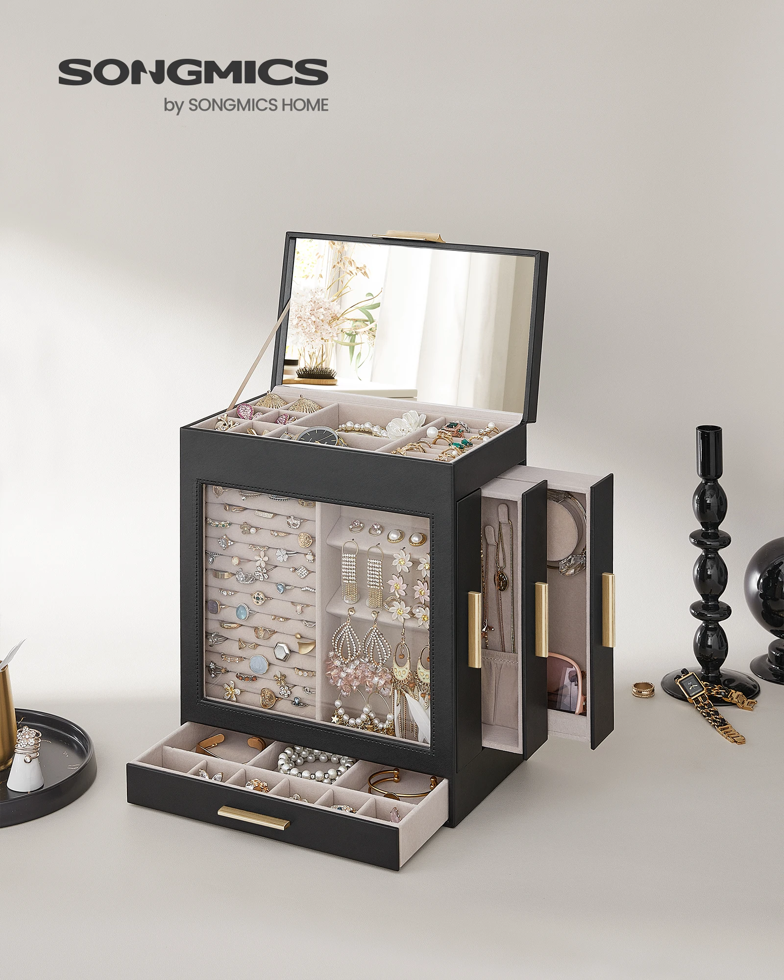 5-Layer Jewelry Organizer Box with Glass Window – Features 3 Side Drawers, Large Mirror, and Ample Storage Space for Rings, Earrings, Necklaces, Bracelets. Modern Design, Ideal for Home or Gift Use. - 图片 2
