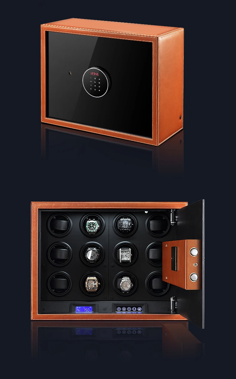Luxury Automatic Watch Winder Safe Box – 12 Slot Brown Display Case with Quiet Motor, LED Touchscreen, Dual Lock Security, Rotation Settings for Mechanical Watches, Storage Organizer 6