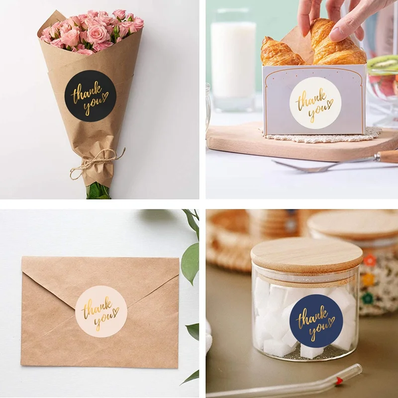 Gold Foil Thank You Stickers Roll – Waterproof Self-Adhesive Round Labels with Bronzing Finish – Custom Logo Option for Food Packaging, Gifts, Weddings, and E-commerce