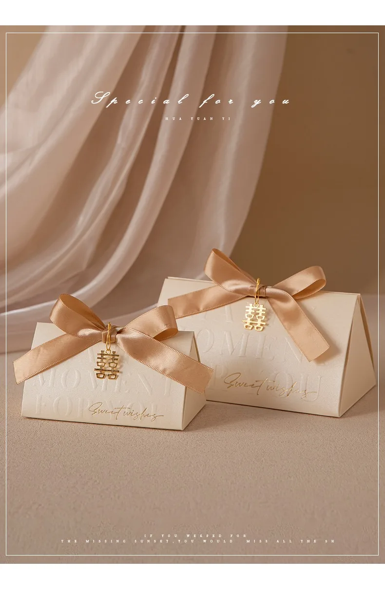 Triangular Champagne Wedding Gift Boxes – Candy Packaging Favor Boxes with Ribbon for Baby Shower, Engagement, Birthday, Party Decoration, Wooden Ring Box Style Design 10