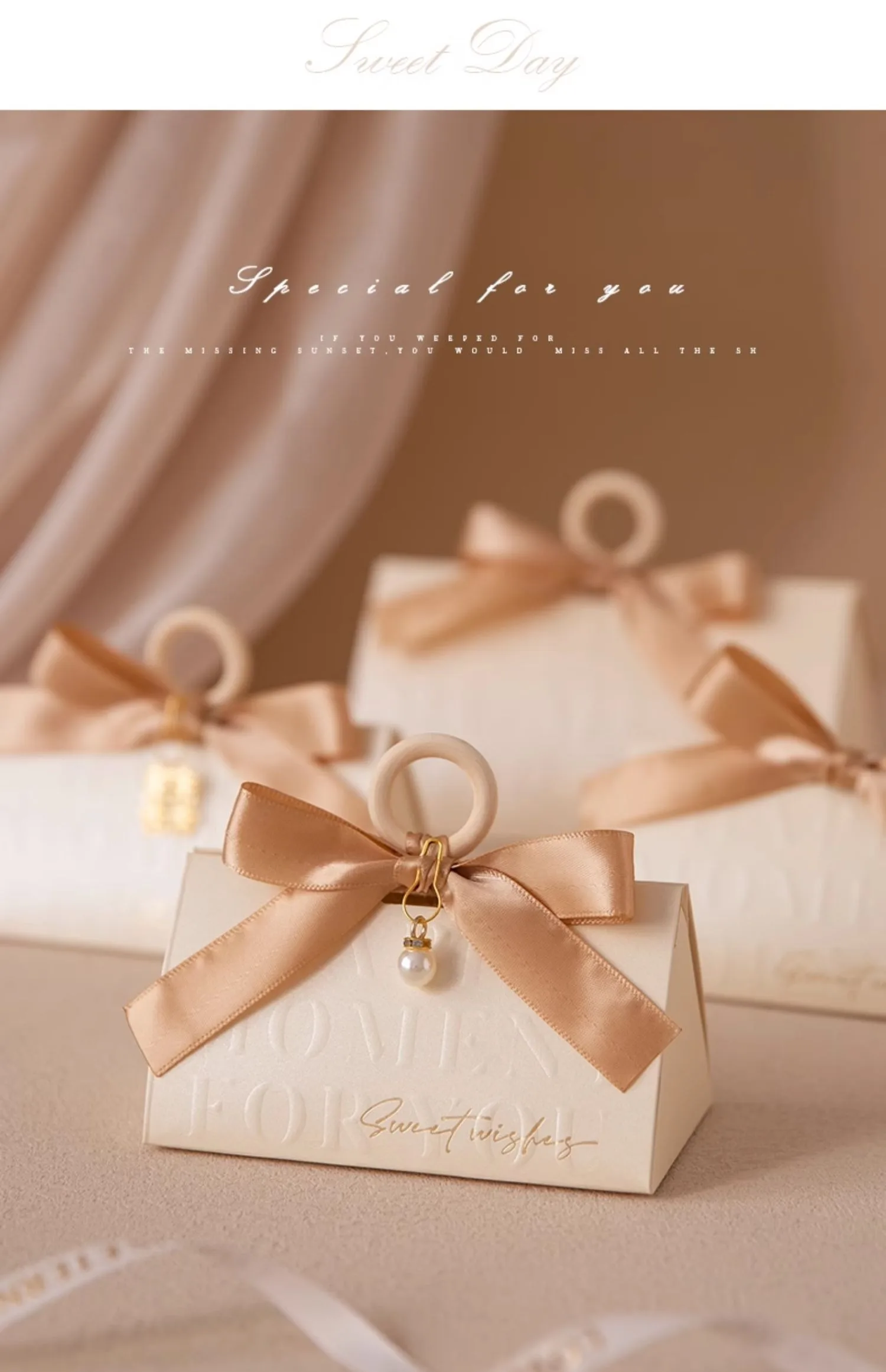 Triangular Champagne Wedding Gift Boxes – Candy Packaging Favor Boxes with Ribbon for Baby Shower, Engagement, Birthday, Party Decoration, Wooden Ring Box Style Design 5