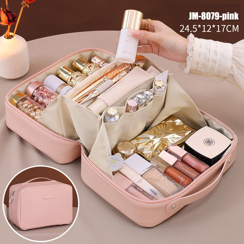 PU Leather Waterproof Cosmetic Bag with Compartments – Large Capacity Makeup Organizer for Travel, Toiletries, Brushes & Skincare – Portable Multifunctional Wash Pouch - 图片 12