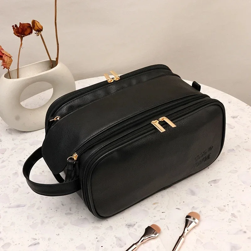 PU Leather Makeup Bag 💄 – Spacious Cosmetic Organizer with Compartments for Travel & Daily Use, Waterproof Toiletry Pouch, Stylish Storage for Skincare & Beauty Tools in Camel, Pink, Black, Houndstooth, White - 图片 3