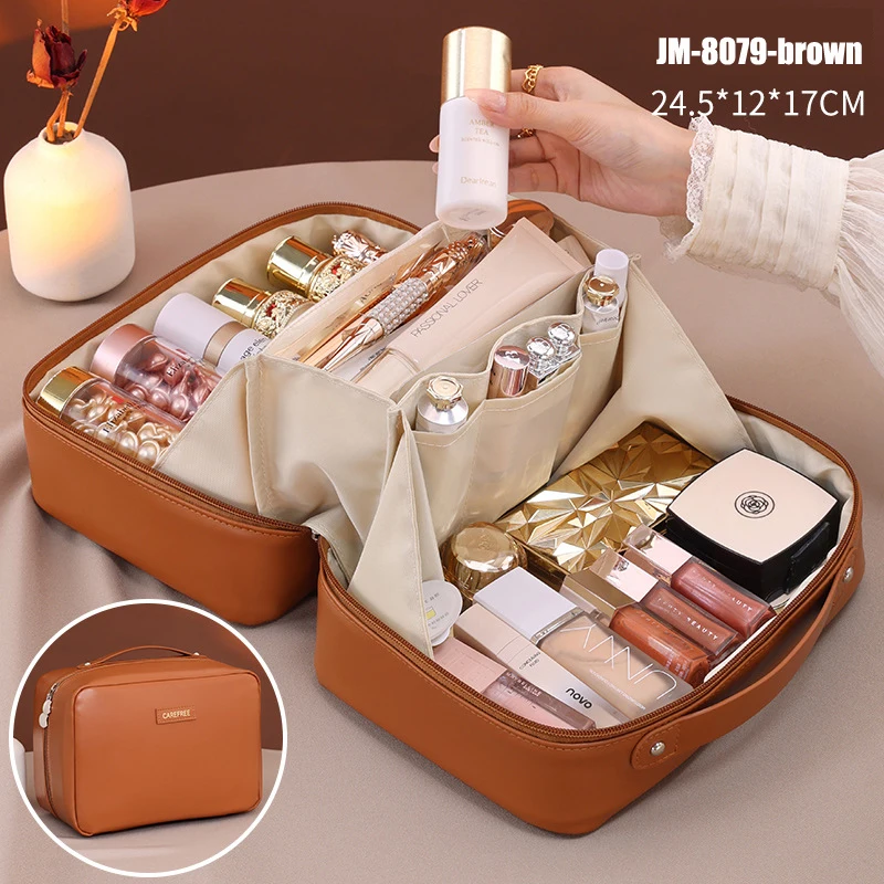 PU Leather Waterproof Cosmetic Bag with Compartments – Large Capacity Makeup Organizer for Travel, Toiletries, Brushes & Skincare – Portable Multifunctional Wash Pouch - 图片 9