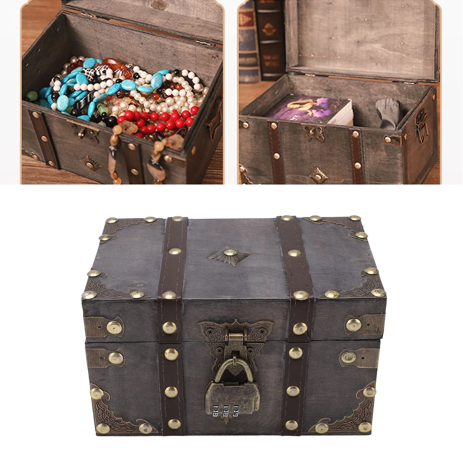 Vintage Wooden Treasure Chest with Coded Lock – Durable Wood Jewelry Box with Alloy Details for Storing Keepsakes, Gifts, Coins, Accessories, and Home Decoration. Retro Style. 5