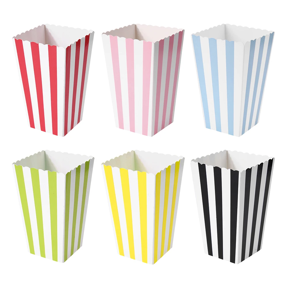 12-Pack Foldable Paper Popcorn Boxes – Colorful Treat Holders for Snacks, Candy, Chips – Party Favor Containers for Birthdays, Movie Nights, Baby Showers – Blue, Green, Pink Striped Design 5