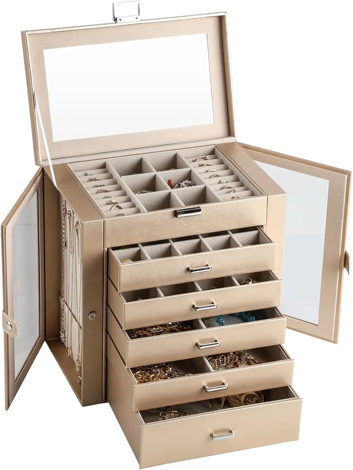 6-Layer Large Jewelry Box with Mirror – Multifunctional Jewelry Organizer with 5 Drawers and 2 Glass Side Doors, Spacious Storage for Necklaces, Rings, Earrings, Watches & More - 图片 12