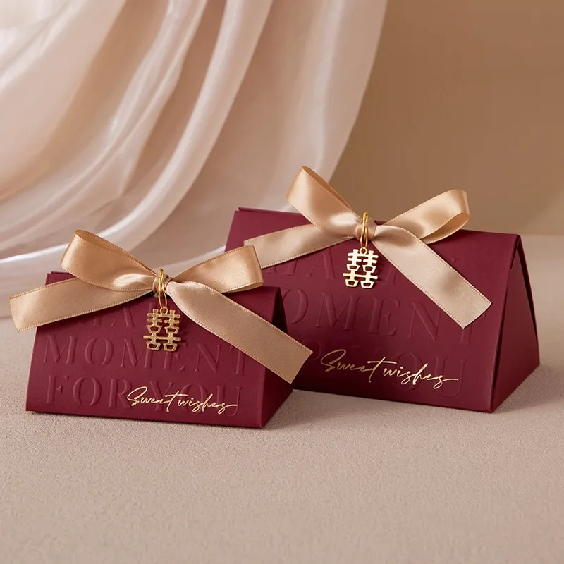 Triangular Champagne Wedding Gift Boxes – Candy Packaging Favor Boxes with Ribbon for Baby Shower, Engagement, Birthday, Party Decoration, Wooden Ring Box Style Design - 图片 8