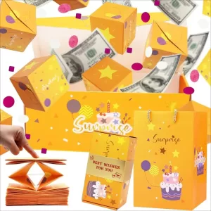 Corrugated Gift Box Set – Includes 6 folding jumping boxes, 1 outer gift box, and 1 gift bag. Perfect for birthdays, Valentine’s Day, and parties with fun, surprising gift presentation.