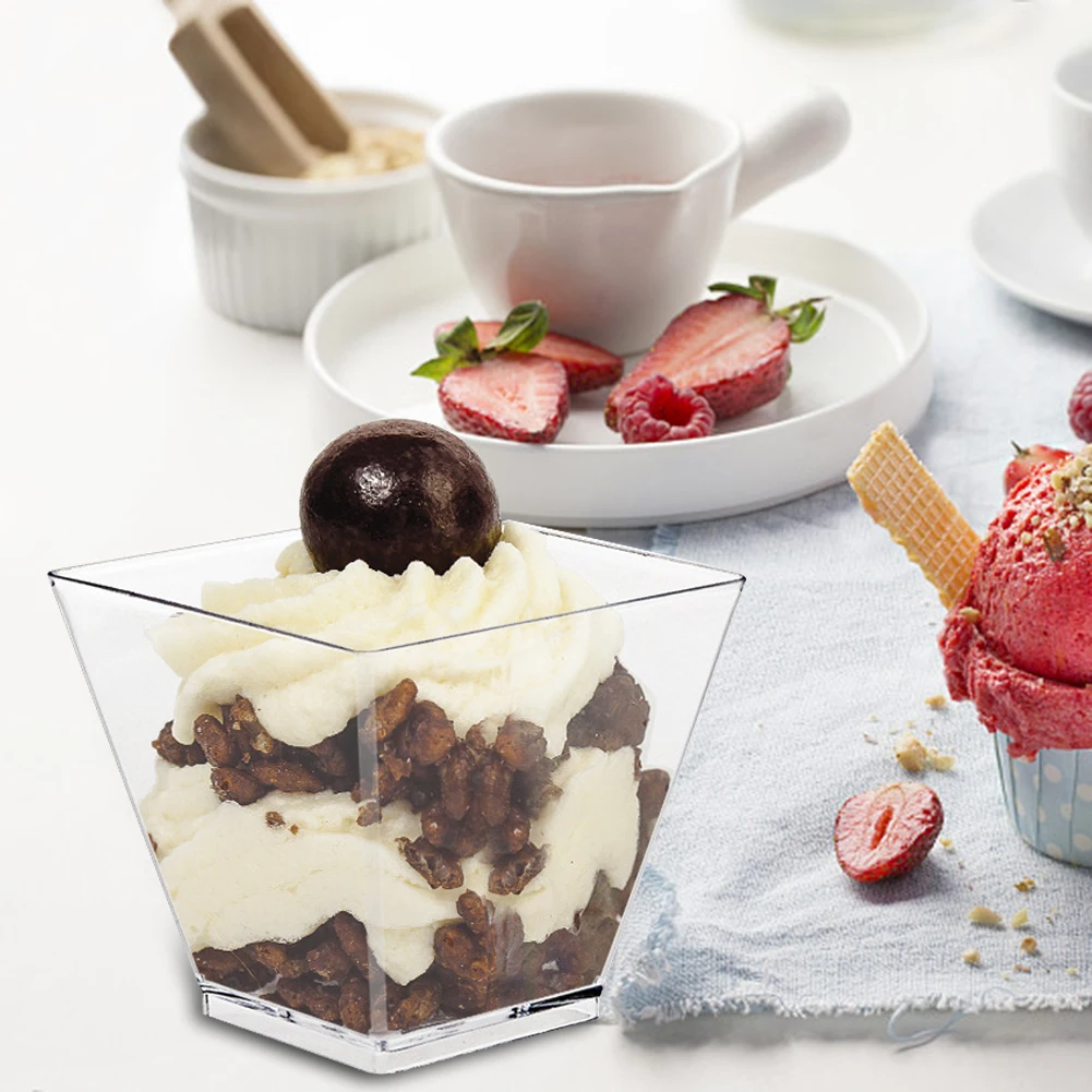 50 Pack 2oz Mini Square Dessert Cups with Spoons – Clear Disposable Plastic Parfait Appetizer Cups for Mousse, Jelly, Ice Cream, Pudding, Tasting Party Supplies 7