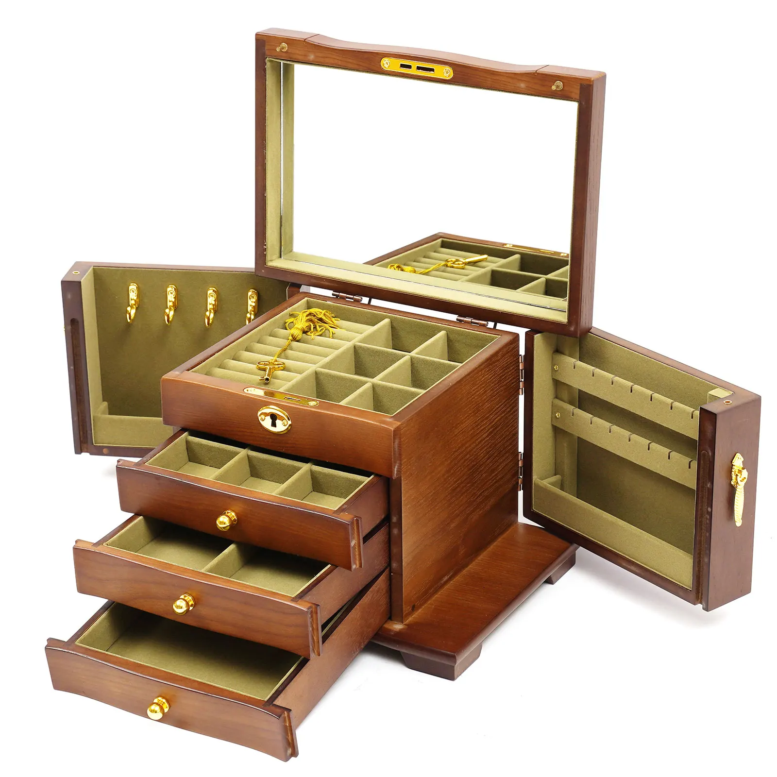 Retro Wooden Jewelry Box with 4 Tiers, Velvet Lining, Mirror, Magnetic Side Doors & Key Lock – Elegant Organizer for Rings, Necklaces, Earrings & More, Secure & Stylish Storage Solution 1