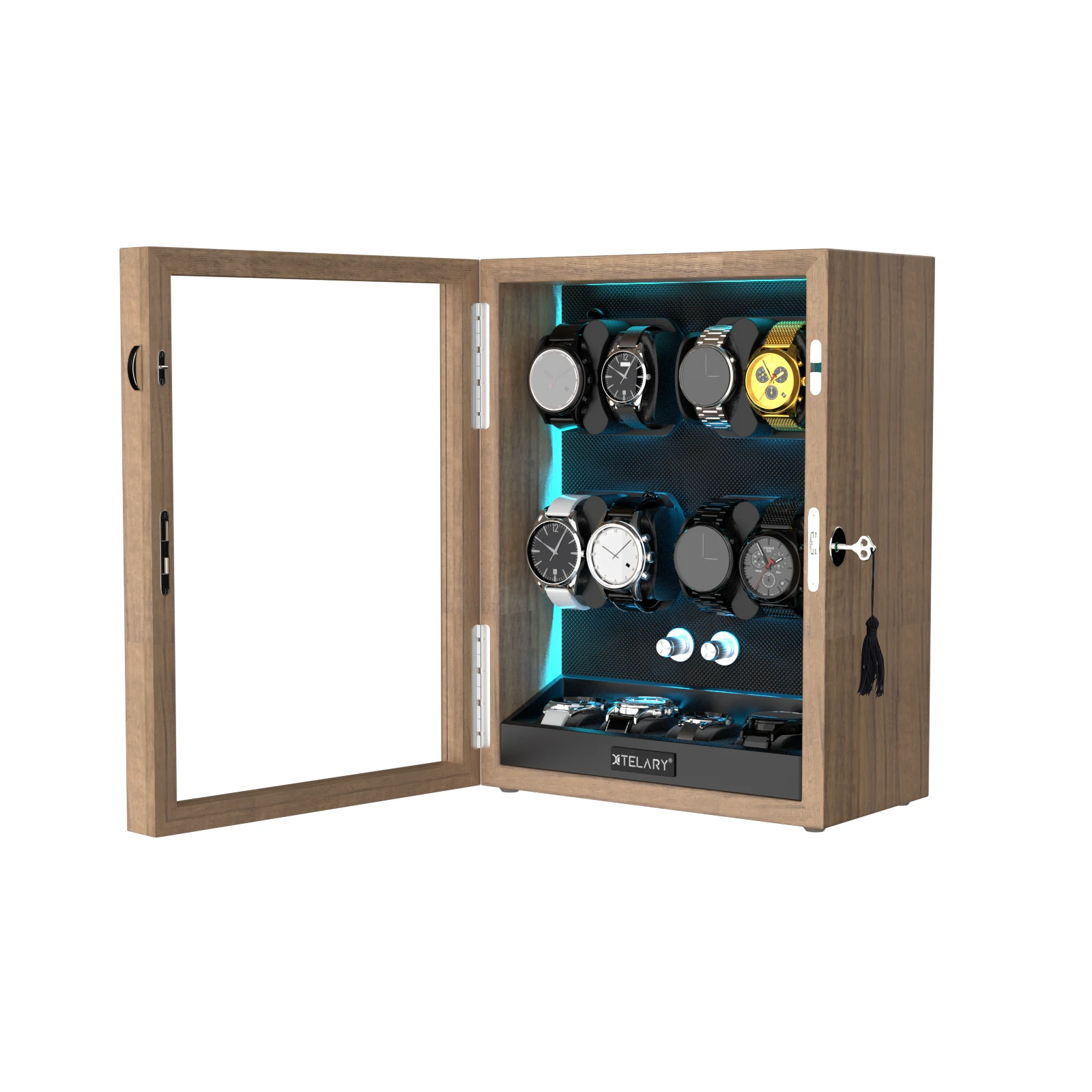 Luxury 8-Watch Automatic Winder with 4 Extra Storage, Aurora Blue LED, Quiet Japanese Motor, 4 Rotation Modes, Lockable Display Case, Flexible Pillows, Wood Grain Finish 2