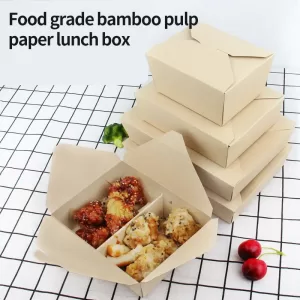 Biodegradable 2-Compartment Food Containers with Lids – Eco-friendly bamboo pulp meal boxes for takeout, lunch, or bento. Compostable, microwave safe, and disposable clamshell design.