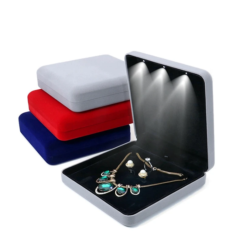 Luxury LED Velvet Jewelry Box – Elegant Organizer Case for Rings, Necklaces, Earrings, and Sets – Soft Interior Display Tray Holder for Gifts, Proposals, Weddings, and Special Occasions