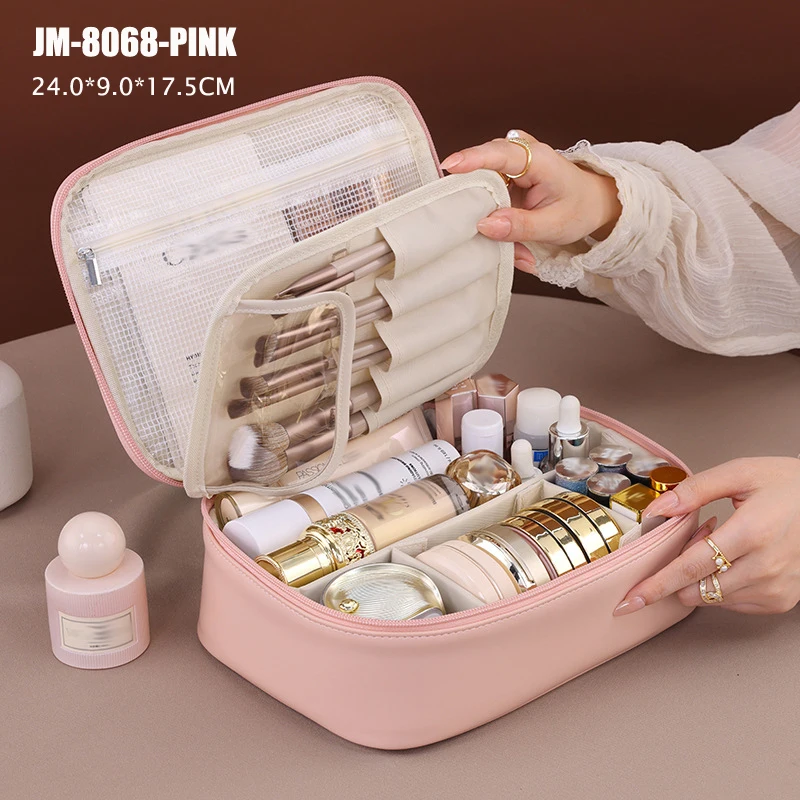PU Leather Waterproof Cosmetic Bag with Compartments – Large Capacity Makeup Organizer for Travel, Toiletries, Brushes & Skincare – Portable Multifunctional Wash Pouch - 图片 7