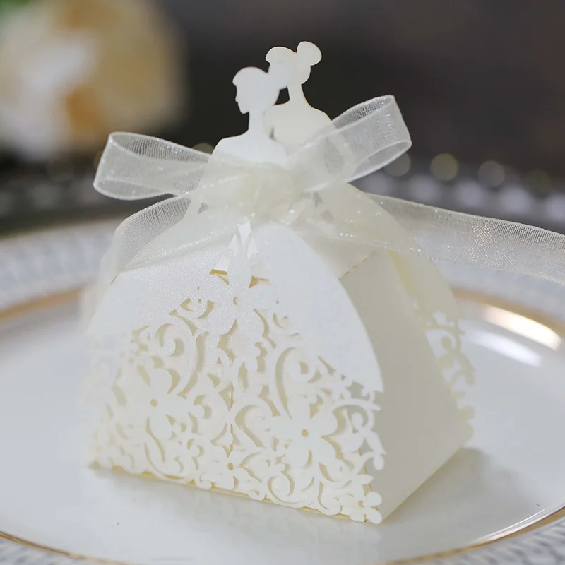 Laser Cut Pearl Paper Gift Boxes with Ribbon – Elegant Candy Chocolate Packaging for Wedding Favors, Engagements, Baby Showers, Birthday Parties, Bridal Showers, and Holiday Celebrations