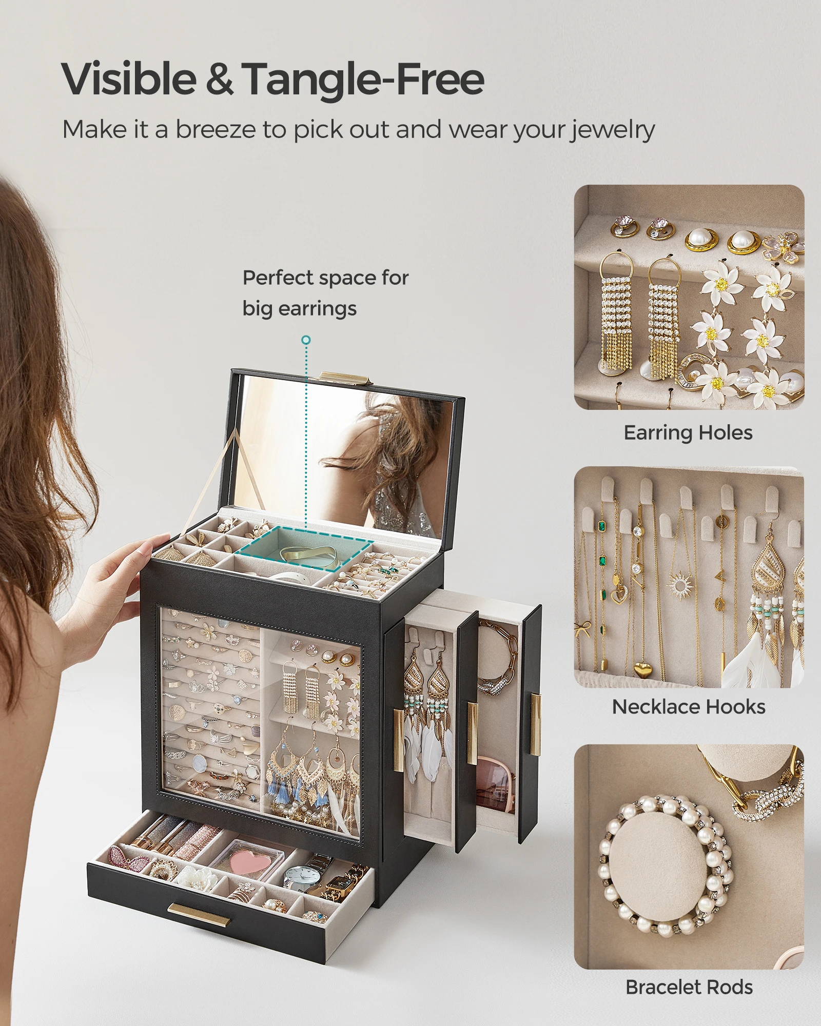 5-Layer Jewelry Organizer Box with Glass Window – Features 3 Side Drawers, Large Mirror, and Ample Storage Space for Rings, Earrings, Necklaces, Bracelets. Modern Design, Ideal for Home or Gift Use. - 图片 5