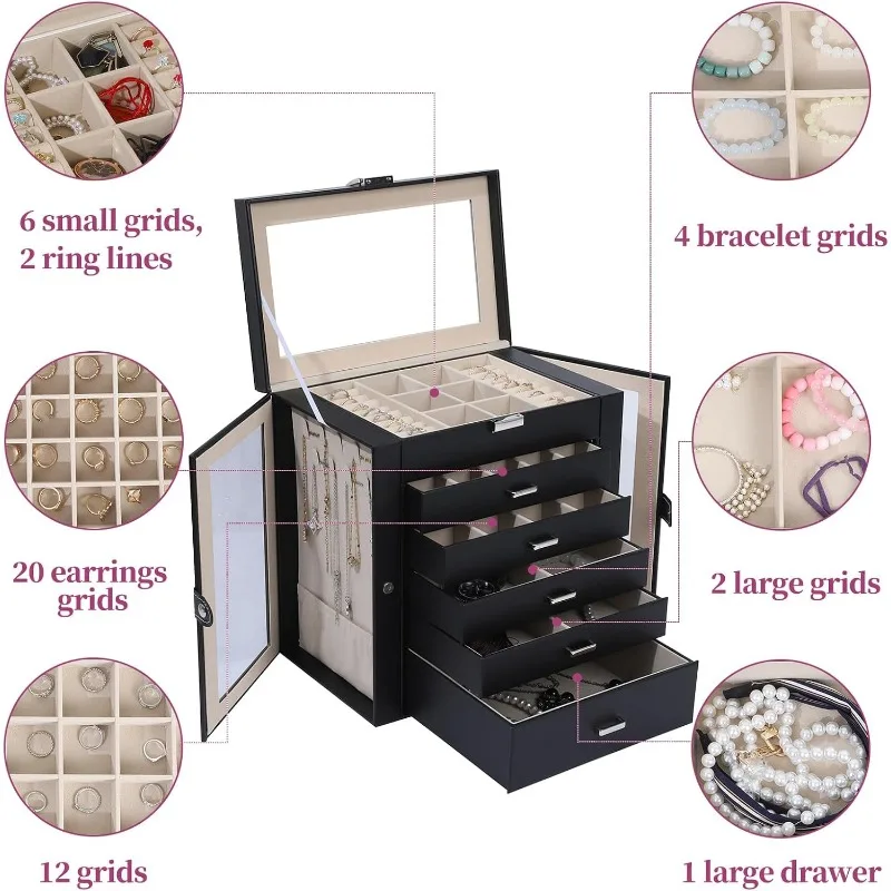 6-Layer Large Jewelry Box with Mirror – Multifunctional Jewelry Organizer with 5 Drawers and 2 Glass Side Doors, Spacious Storage for Necklaces, Rings, Earrings, Watches & More - 图片 5