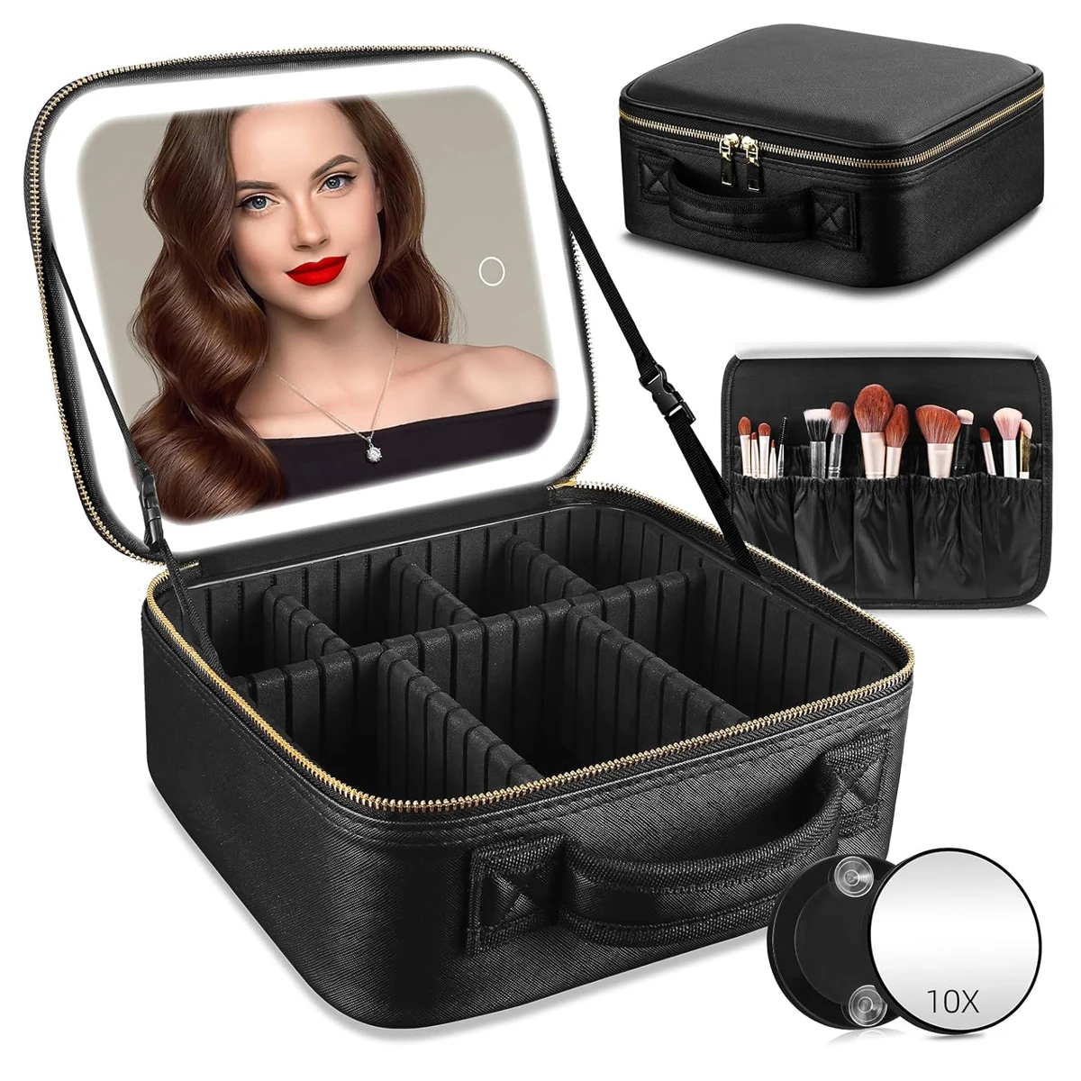 Travel Makeup Bag with LED Lighted Mirror – Portable Cosmetic Organizer Case for Women – Touch Sensor Dimmable Light, Brush Holder, Zipper Pouch – Compact, Rechargeable, Stylish Design - 图片 12
