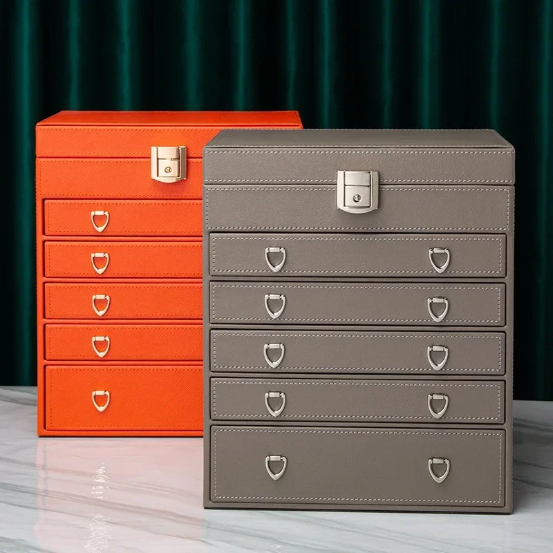 Double-Layer Leather Jewelry Box with Lock – 6-Tier Luxury Organizer for Rings, Necklaces, Earrings & Watches – Multi-Functional Storage Case with Mirror & Key, Ideal for Gifting & Display Use - 图片 2